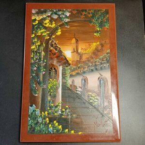 Vibrant Courtyard Sunset Landscape Painted Tile